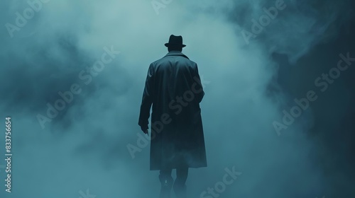 mysterious african american man in long trench coat walking through fog noire detective concept