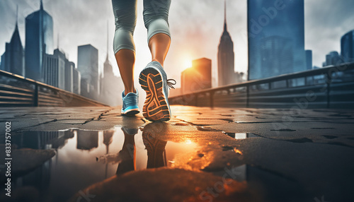 Athlete running in the city. Jogger’s shoes on wet city pavement at dawn. Generative Ai