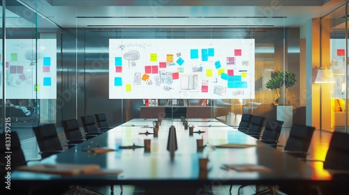 Modern conference room with large whiteboard covered in colorful sticky notes.