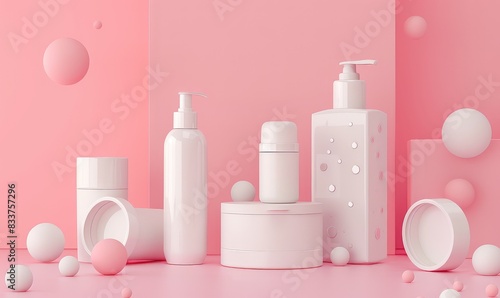 Make up products presented on white podiums on pink pastel background