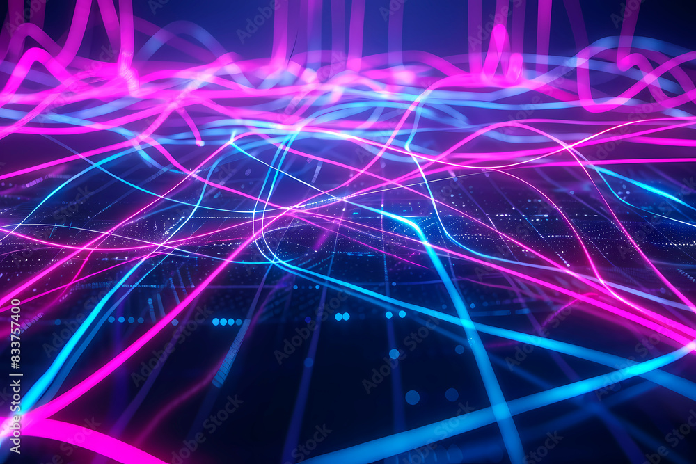 Illustration of neon pink and blue light streams crisscrossing as if in a digital night sky, suggesting connectivity