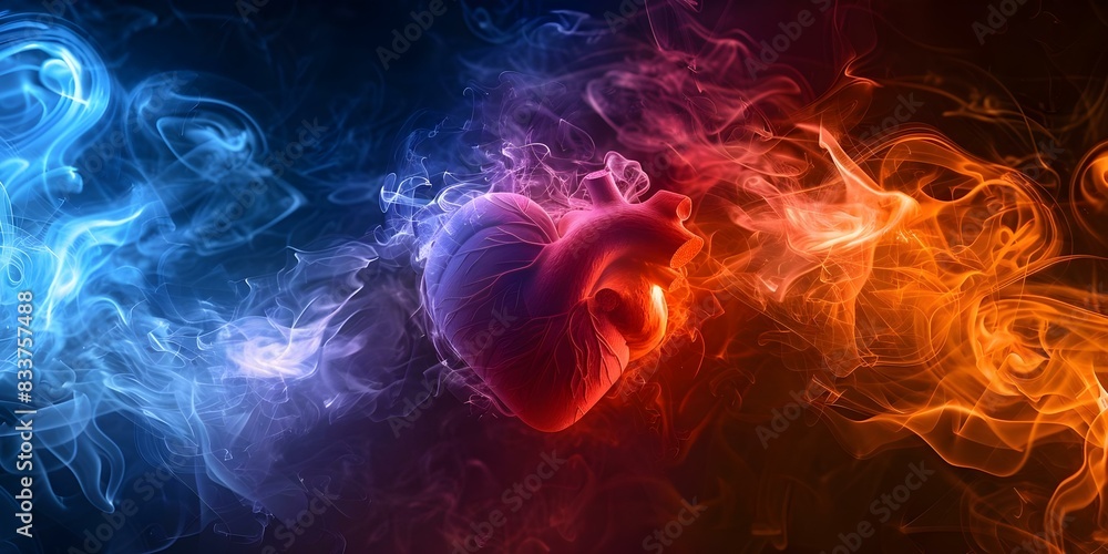 Anatomical heart in cigarette vape smoke on dark background for awareness campaign. Concept Medical Illustration, Health Promotion, Smoking Awareness, Disease Prevention, Public Health Campaign