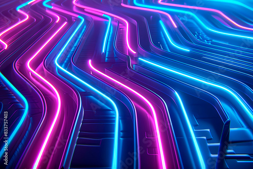 Dynamic illustration of a neon light maze in shades of blue and pink, emulating a futuristic circuit or pathway photo