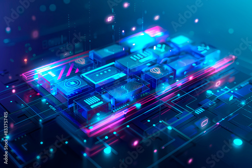 This illustration showcases a holographic motherboard with glowing elements representing electronic circuits and connectivity © CarloSanchezPereyra