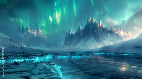 An ethereal, otherworldly landscape of a frozen lake reflecting the shimmering lights of the aurora borealis, with fantastical ice formations and mystical, glowing crystals scatter