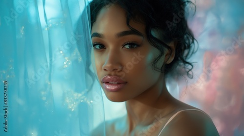 A Black female fashion model poses against a sheer blue fabric backdrop