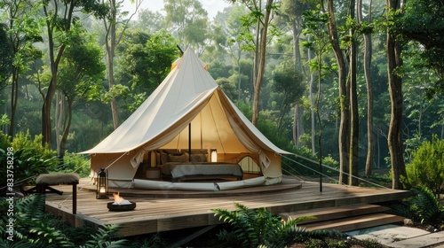 A luxury glamping tent set up on a wooden platform amidst the lush greenery of a tranquil forest.