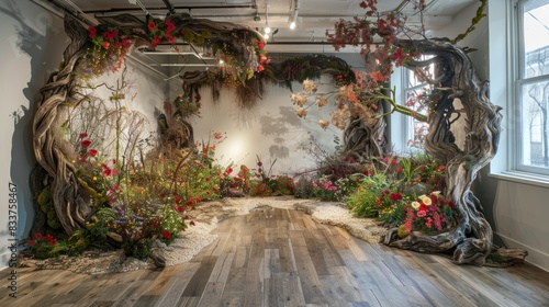 An installation art piece made from unconventional materials, such as recycled items or natural elements, showcasing the innovative and expressive nature of contemporary art. photo