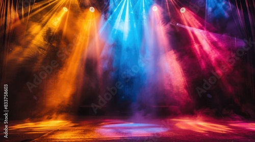 Stage illuminated by colored spotlights and haze