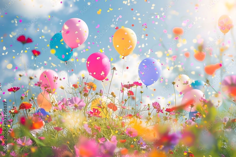Whimsical spring scenes with colorful balloons and confetti, set against a backdrop of blooming flowers and sunny skies.