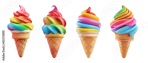 3D cartoon colorful ice cream in waffle cone on transparent background cutout png