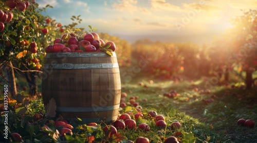 Abundant apple harvest overflowing from a rustic barrel. Wooden barrel overflowing with ripe, red apples. photo