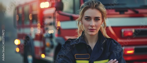 Confident Female Firefighter, Powerful Image for Recruitment Campaigns. Firefighter in Uniform Standing in Front of Fire Engine.