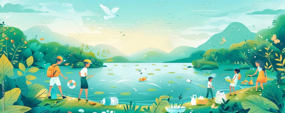 Lively illustration of community environmental activities, focusing on river cleanup and waste removal in a vibrant, ecofriendly scene Lively illustration of community environmental activities, focusing on river cleanup and waste removal in a vibrant, ecofriendly scene