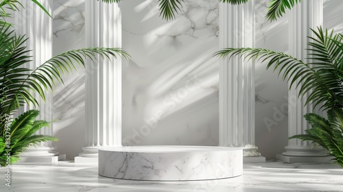 3D Roman/Greek podium for luxury product display. Elegant white marble podium with classic columns. photo