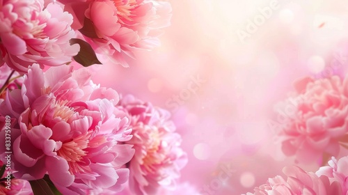 Beautiful pink peonies background image, floral banner, wallpaper. Close-up photo of pink peonies in full bloom, soft bokeh effect.