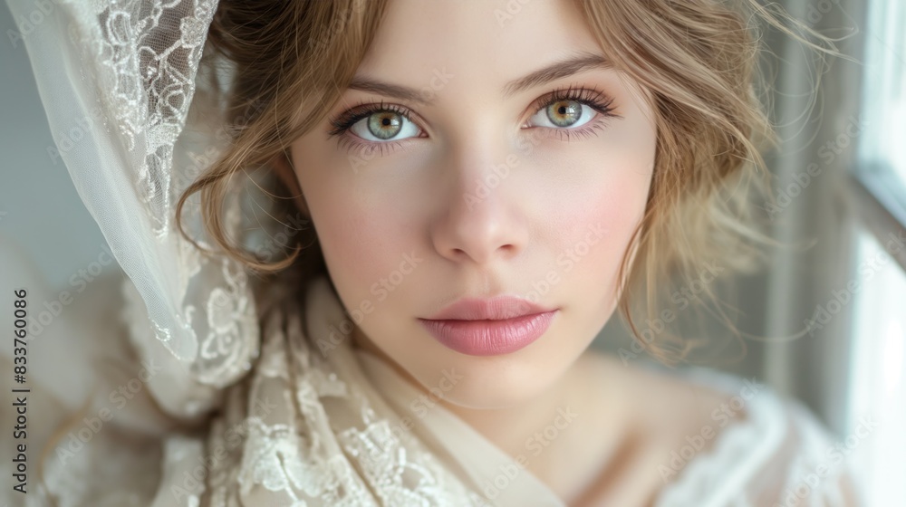 A beautiful fashion model wearing a delicate lace garment in a studio setting A beautiful fashion model wearing a delicate lace garment in a studio setting