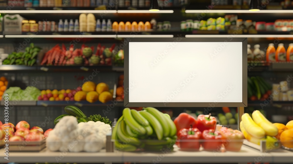 Supermarket advertising mockup template, blank signage display. Empty shelf signage, product display stand, or promotional banner.