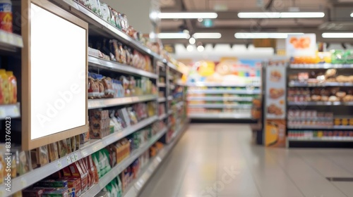 Wallpaper Mural Supermarket advertising mockup template, blank signage display. Empty shelf signage, product display stand, or promotional banner. Torontodigital.ca