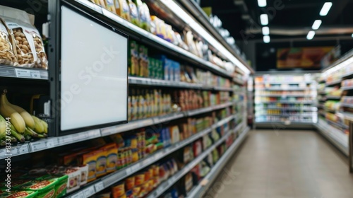 Wallpaper Mural Supermarket advertising mockup template, blank signage display. Empty shelf signage, product display stand, or promotional banner. Torontodigital.ca
