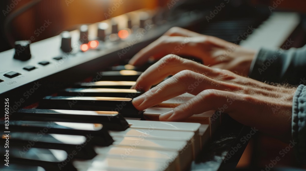Obraz premium Close-Up of a Musical Instrument: Depict a close-up of hands playing a musical instrument, such as a guitar or piano, with a soft focus background.
