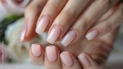 Neutral gel polish manicure on square nails, elegant hand close-up. Beautiful square nails with trendy neutral gel polish colors.