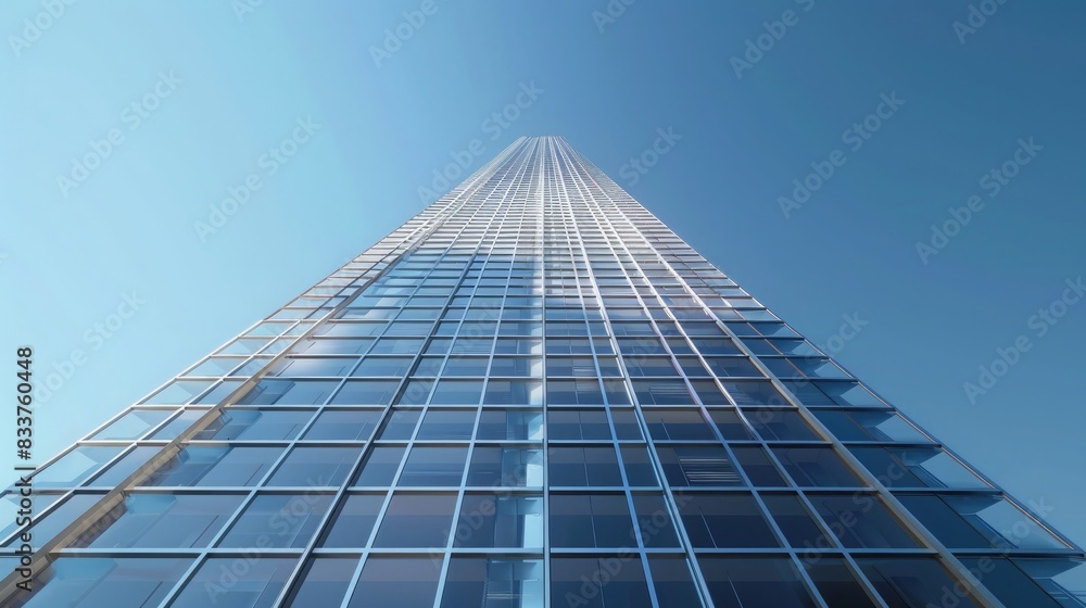 A modern skyscraper reaches towards a clear blue sky, showcasing contemporary architecture and urban design.