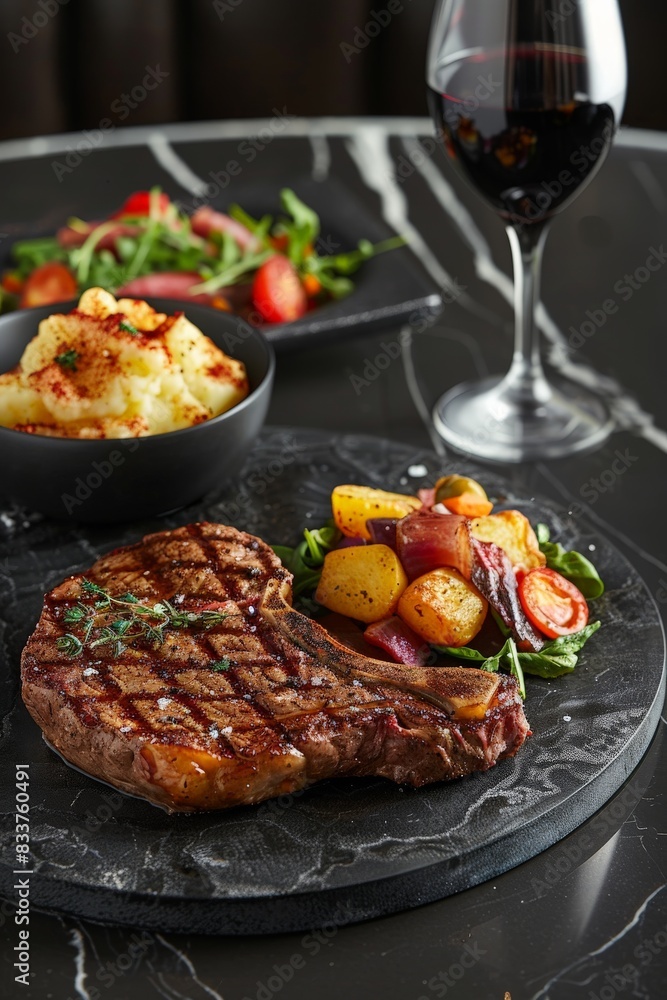 Plate of Steak, Potatoes, Salad, and Wine Plate of Steak, Potatoes, Salad, and Wine