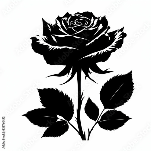 black silhouette of a single rose with a stem on a white background