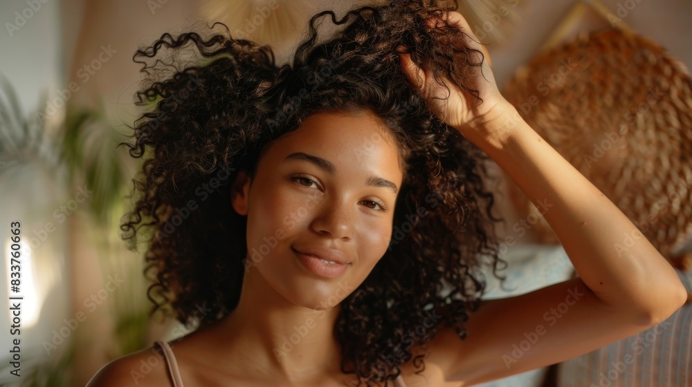 Curly girl method, Healthy routine for beautiful curls. Smiling woman with voluminous curls combing her hair. Curly girl method, Healthy routine for beautiful curls. Smiling woman with voluminous curls combing her hair.