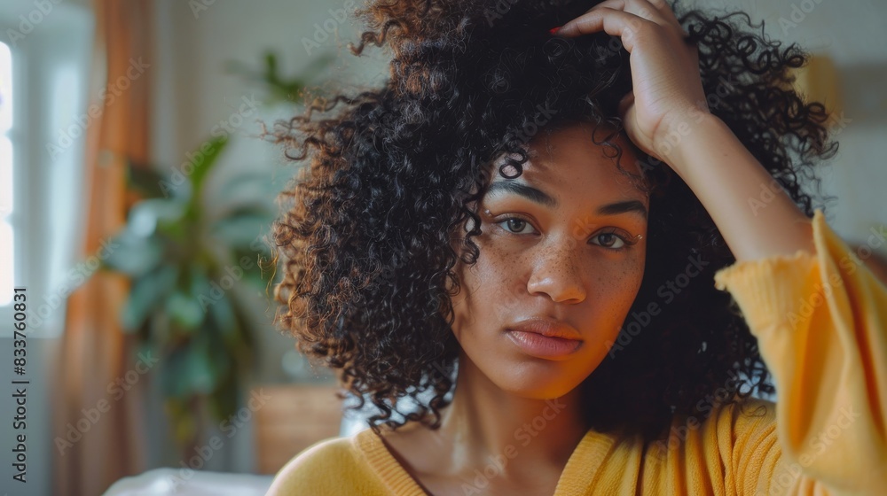Curly girl method, Healthy routine for beautiful curls. Smiling woman with voluminous curls combing her hair. Curly girl method, Healthy routine for beautiful curls. Smiling woman with voluminous curls combing her hair.