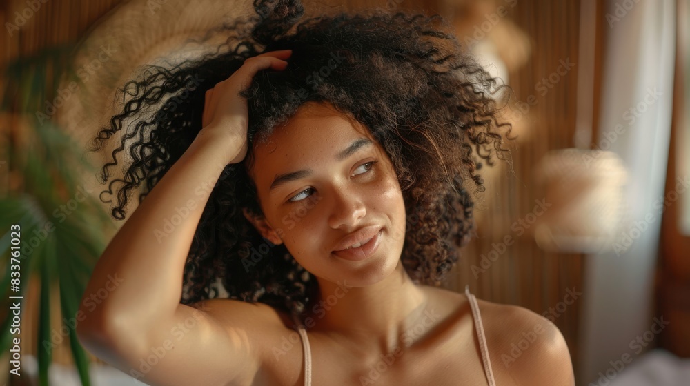Curly girl method, Healthy routine for beautiful curls. Smiling woman with voluminous curls combing her hair. Curly girl method, Healthy routine for beautiful curls. Smiling woman with voluminous curls combing her hair.