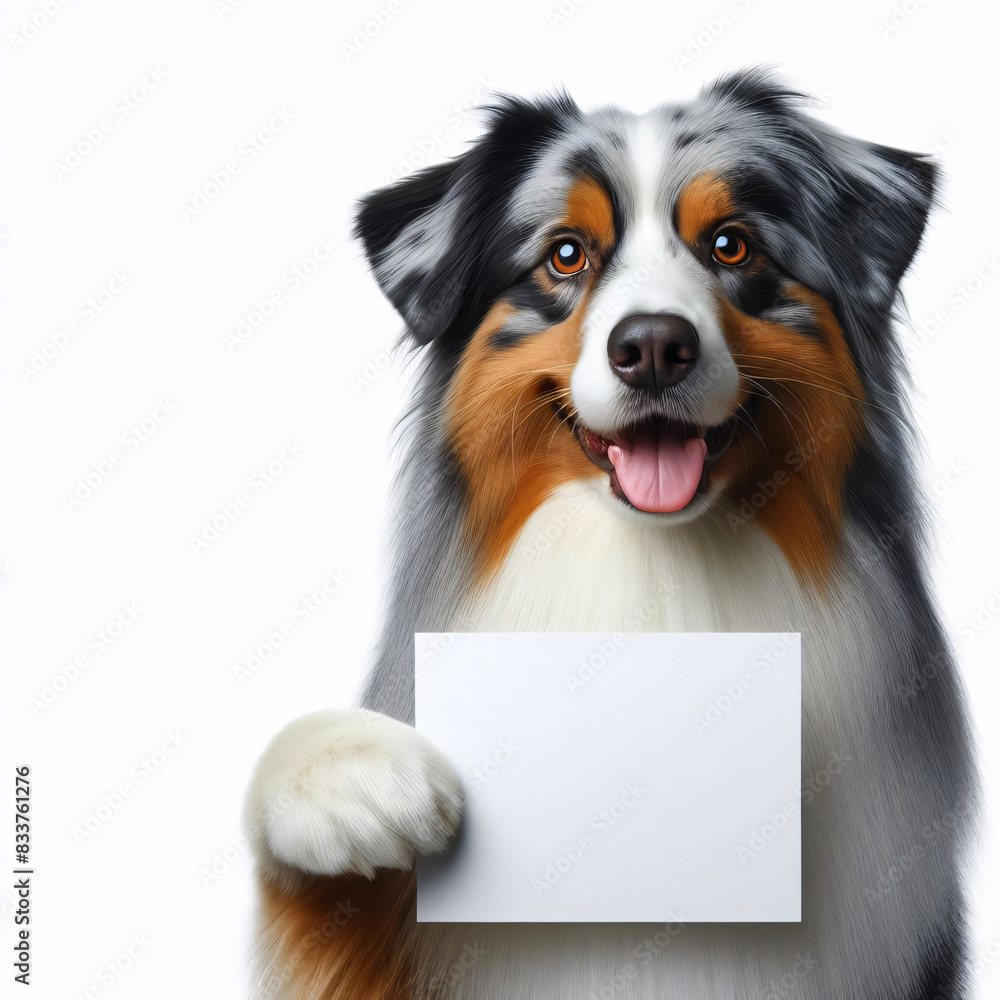 Fototapeta premium Cute realistic dog holding up a white sign on which text can be inserted, all isolated on a white background