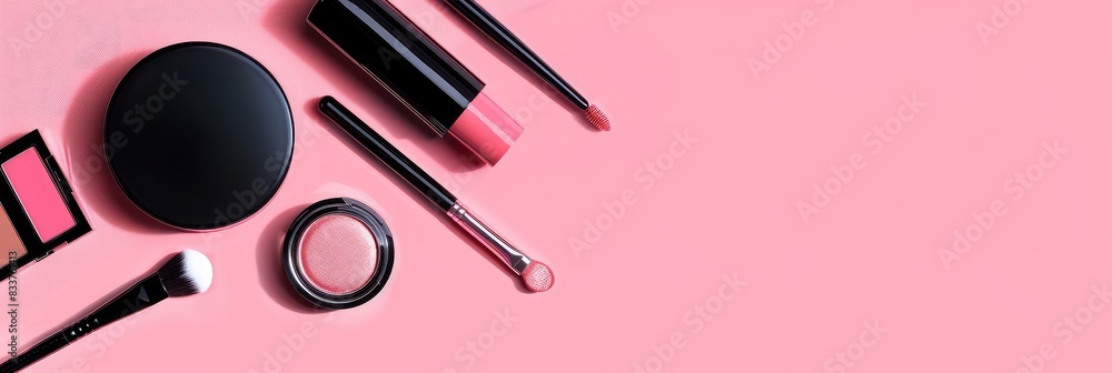set of professional cosmetics, makeup tools and accessories on pink background, beauty, fashion, shopping concept, flat lay set of professional cosmetics, makeup tools and accessories on pink background, beauty, fashion, shopping concept, flat lay