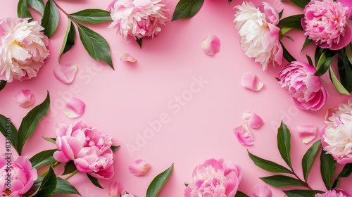 Peony flower frame on pink background, summer floral flat lay. Soft pink background with vibrant peonies creating a frame.