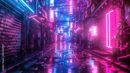 A neon-lit alley with vibrant pink and purple lights creating a mesmerizing and futuristic urban night scene.