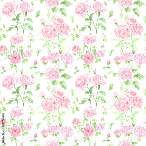 pink roses, seamless pattern on white background, pastel colors, delicate watercolor, cottagecore, vintage cutandpaste, detailed foliage, cottage core aesthetic, muted color palette, light pink and
