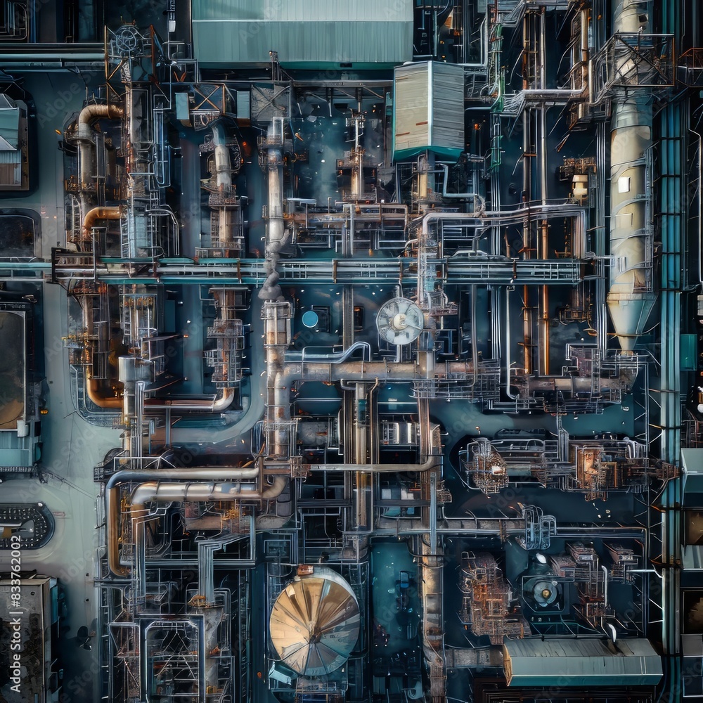 aerial view of an oil refinery with many pipes and storage tanks. aerial view of an oil refinery with many pipes and storage tanks.