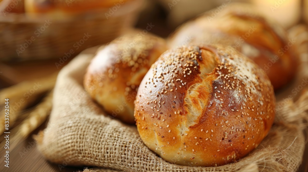 Close-Up of Freshly Baked Bread: Illustrate a close-up of freshly baked bread, with a rustic kitchen background.