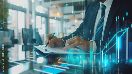Businessman analyzing financial data in modern office with digital graphics overlay, representing finance, investment, and technology concepts.