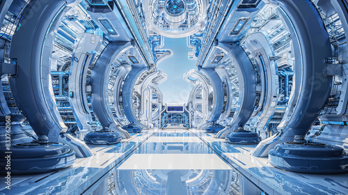 A futuristic power station designed to accommodate flying cars traveling through the sky.