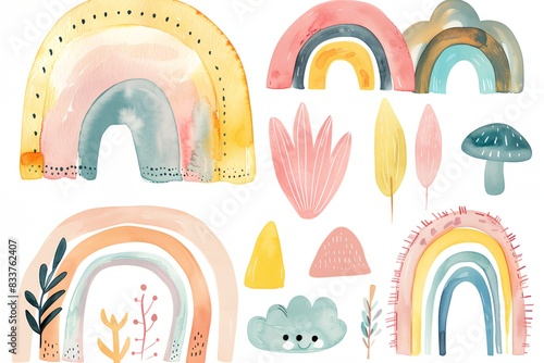 a set of watercolor rainbows, all painted in different colors on white background