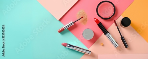 set of professional cosmetics, makeup tools and accessories on pink background, beauty, fashion, shopping concept, flat lay