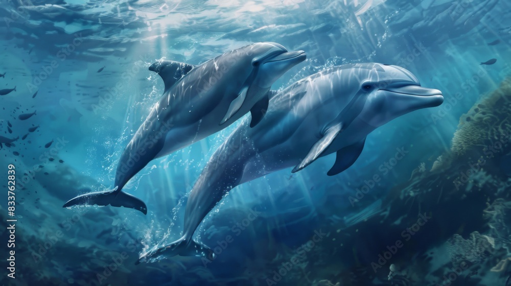 Fototapeta premium A dolphin mother and her calf swimming side by side in the open sea, symbolizing their strong bond.