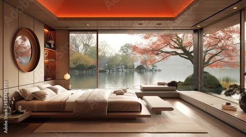 Minimalist orange shade bedroom of a villa hotel by lake in spring © Ari
