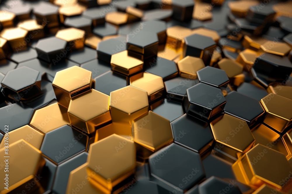 Luxurious digital geometric technology hexagon background banner illustration 3d - Glowing gold, brown, gray, and black hexagonal 3d shape texture wall, AI-generated Luxurious digital geometric technology hexagon background banner illustration 3d - Glowing gold, brown, gray, and black hexagonal 3d shape texture wall, AI-generated
