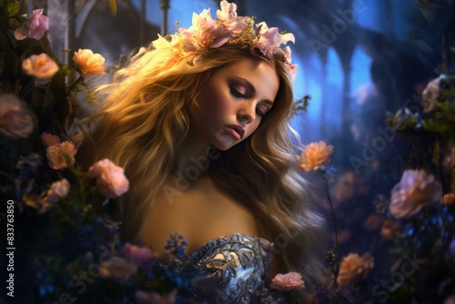 Ethereal woman wearing a floral crown amidst a mystical forest setting