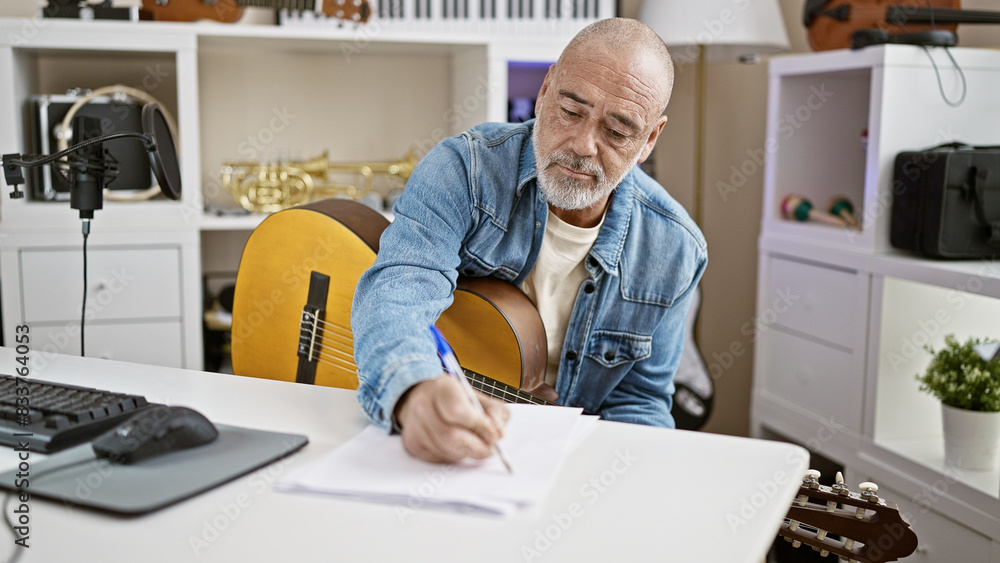 A mature bearded man writes in an office with a guitar, computer, and microphone, symbolizing creative work. A mature bearded man writes in an office with a guitar, computer, and microphone, symbolizing creative work.