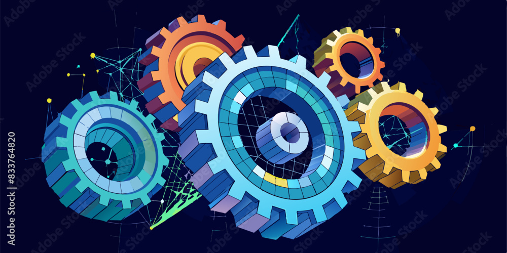 Abstract 3D gears on dark background. Concept of gear mechanics and cog mechanics. Digital polygonal mesh with points, lines and shapes. mechanical engineering wireframe. Abstract 3D gears on dark background. Concept of gear mechanics and cog mechanics. Digital polygonal mesh with points, lines and shapes. mechanical engineering wireframe.