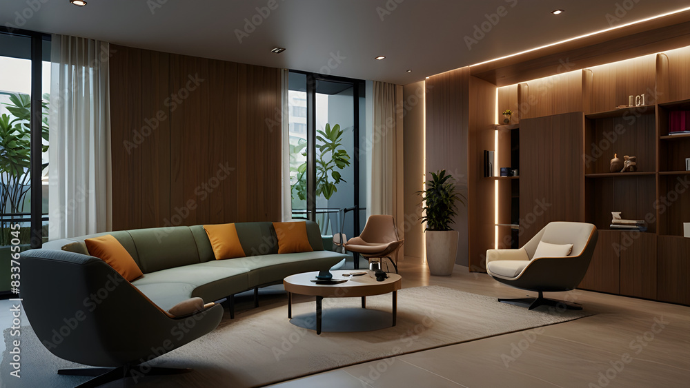 Fototapeta premium Employees taking a break in a relaxation area with comfortable seating and wellness amenities.